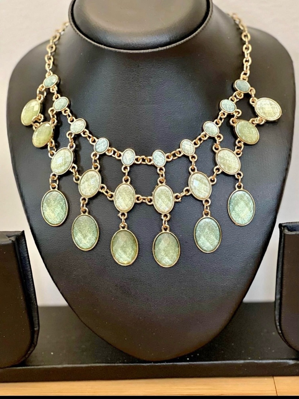 Gold-Tone Green Oval Statement Necklace